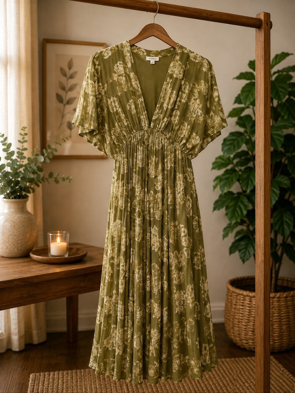 En Creme Green Floral High Low Dress